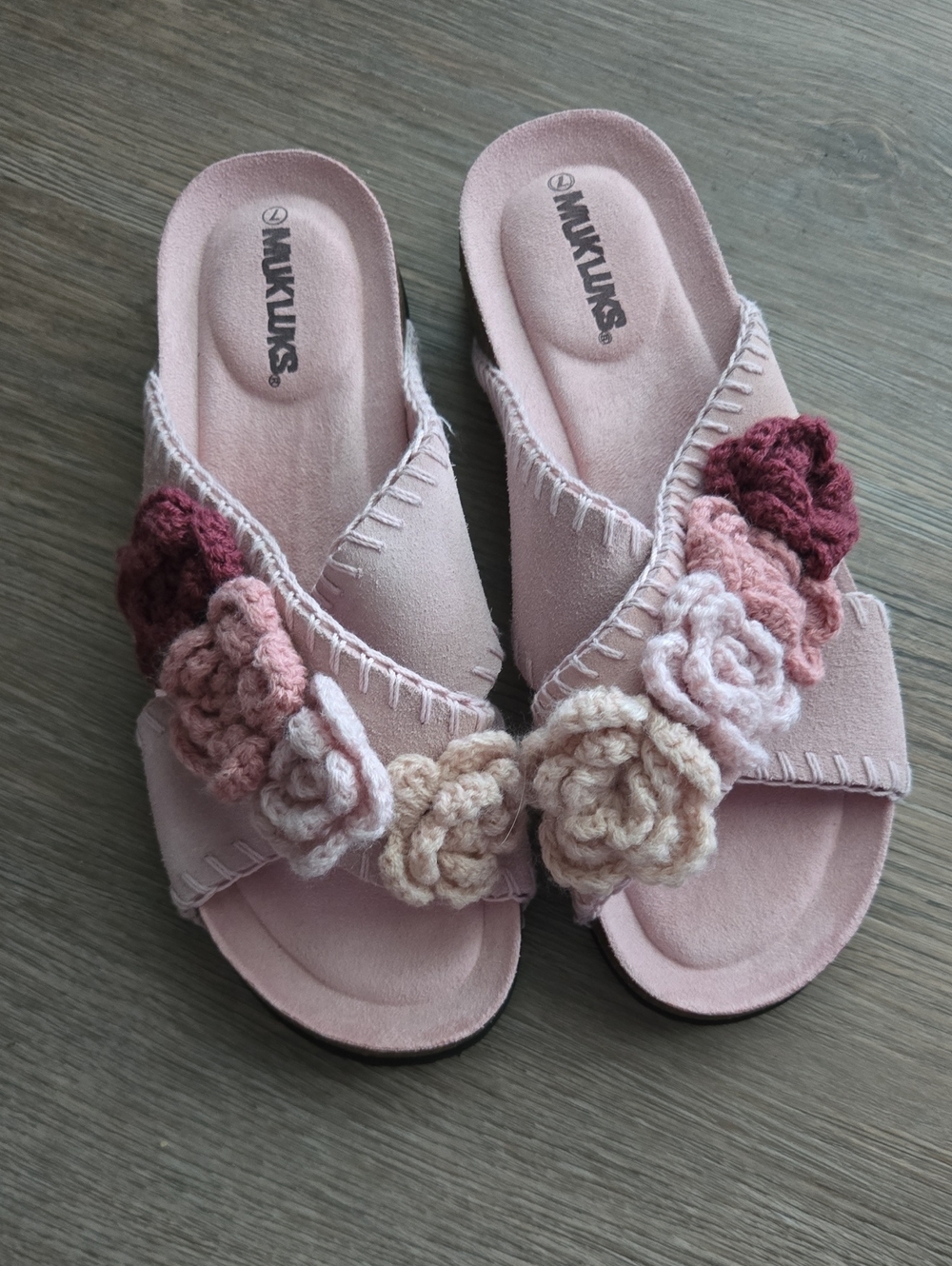 Muk Luks Pink Floral Crochet Slide Sandals